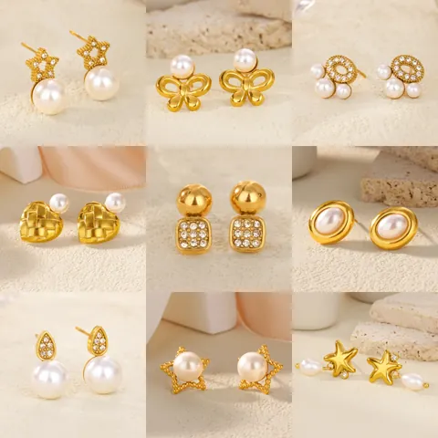 Boucles d'Oreilles Clous en Acier Inoxydable Perle Artificielle Strass Étoile Cœur Petites Boucles d'Oreilles Géométriques Vintage Douces pour Femme