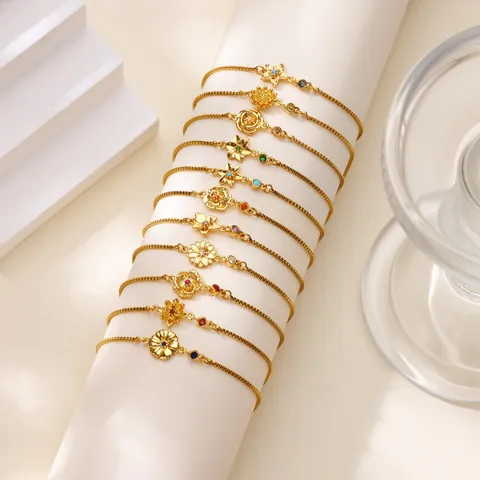 Birth Flower Birthstone Pendant Bracelet 304 Stainless Steel Box Chain Gold Plated Jewelry Birthday Gift For Women