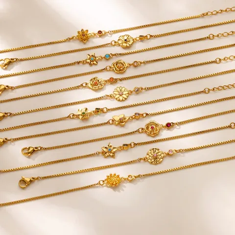 Birth Flower Birthstone Pendant Bracelet 304 Stainless Steel Box Chain Gold Plated Jewelry Birthday Gift For Women
