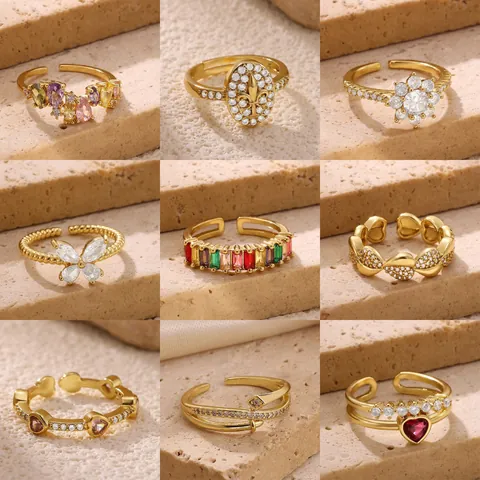 Luxury Gold Plated Copper Zirconia Open Ring For Women Colorful Heart Butterfly Adjustable Geometric Finger Ring Jewelry