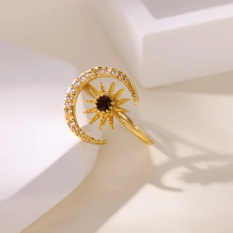 Bague Ouverte en Cuivre et Zirconia Étoile Lune de Luxe pour Femme Ajustable Or Argent Pavé CZ Soleil Cœur Céleste Bague de Doigt Ajustable Bijoux