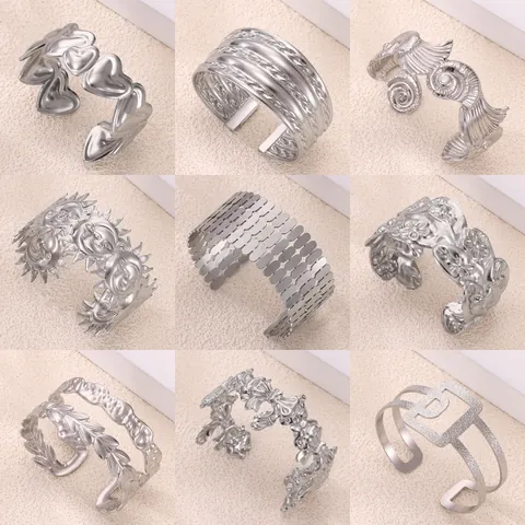 Bracciale Rigido Largo in Acciaio Inossidabile Geometrico per Donna Cuore Cavo Fiore Conchiglia Viso Sole Vintage Personalizzato Aperto Regolabile