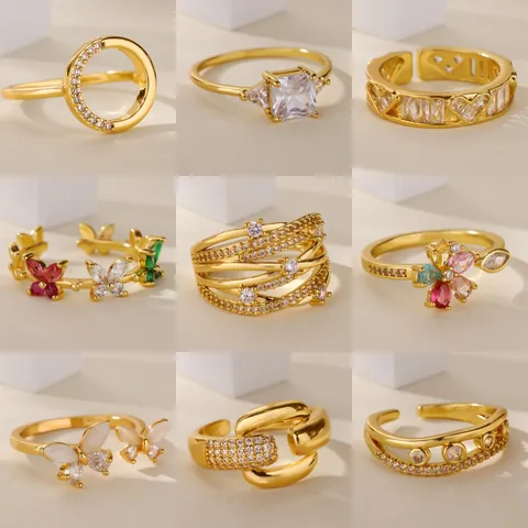 Minimalist Gold Plated Copper Open Ring For Women Elegant Geometric Butterfly Floral Cubic Zirconia Adjustable Finger Ring Jewelry Gift