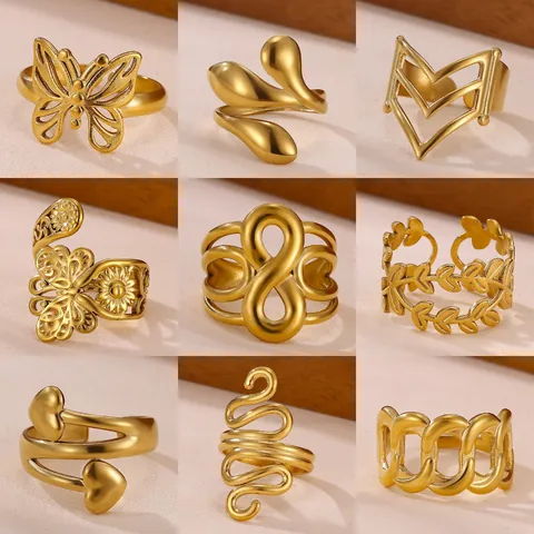 Stainless Steel Open Adjustable Ring 18K Gold Plated Hollow Heart Butterfly Leaf Infinity Hammered Jewelry For Women Gift