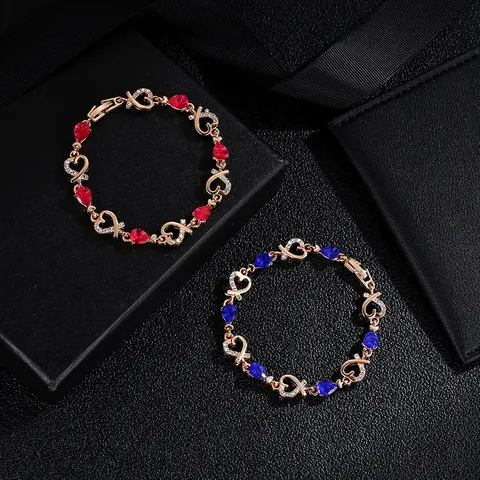 Fashion Heart Bracelet Copper Rose Gold Plated Pear Cut Colorful Zircon Rhinestone Elegant Jewelry Women Gift