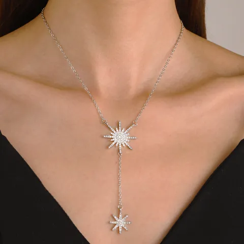 Fashion Alloy Snowflake Starburst Tassel Necklace For Women Elegant Rhinestone Inlaid Y-Shaped Chain Jewelry Necklaces Gift