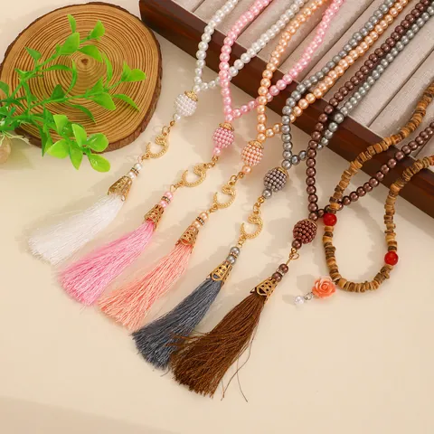 Exotic Middle East Tasbih Prayer Beads Imitation Artificial Pearl Wood Beaded Bracelet With Tassel Moon Rose Pendant Jewelry Gift
