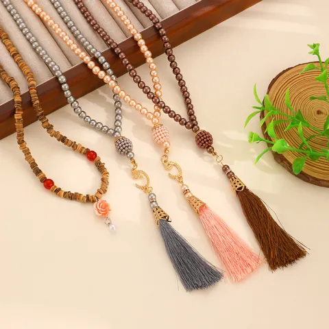 Exotic Middle East Tasbih Prayer Beads Imitation Artificial Pearl Wood Beaded Bracelet With Tassel Moon Rose Pendant Jewelry Gift