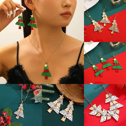 Alloy Christmas Tree Pendant Necklace Rhinestone Earrings Festive Holiday Jewelry Enamel Star Pattern Accessory For Women Party Gift
