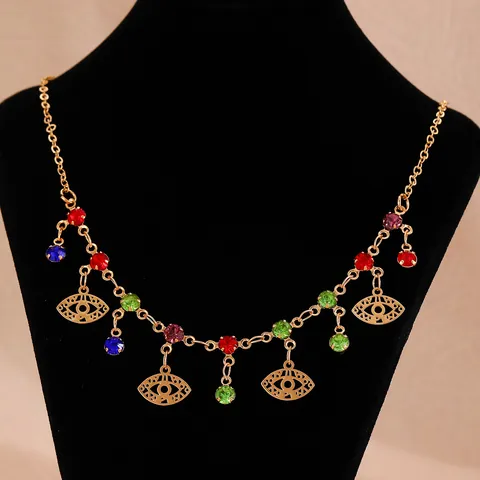 Bohemian Copper Layered Necklace With Evil Eye Heart Shell Pendant Rhinestone Sequin Choker For Women Fashion Jewelry