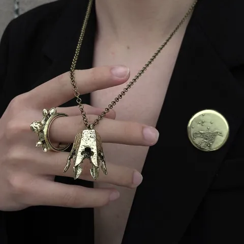 Vintage Alloy Jewelry Set Embossed Bird Badge Hollow Bell Pendant Necklace And Textured Ring Retro Ancient Style Accessories For Women Men