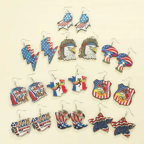USA Unabhängigkeitstag Patriotisch Holz Legierung Weißkopfseeadler Flagge Stiefel Pilz Ohrringe Damen 4. Juli Party Schmuck