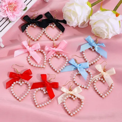 Sweet Ribbon Bowknot Faux Artificial Pearl Heart Dangle Earrings Alloy Satin Earrings For Women Romantic Wedding Party Jewelry Gift