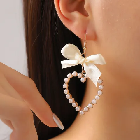 Sweet Ribbon Bowknot Faux Artificial Pearl Heart Dangle Earrings Alloy Satin Earrings For Women Romantic Wedding Party Jewelry Gift