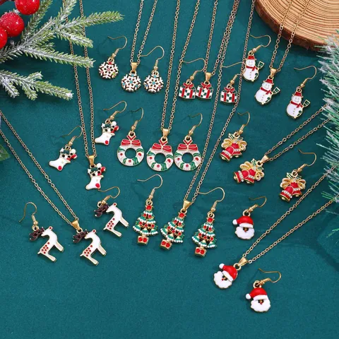 Legierung Emaille Weihnachten Schmuckset Für Damen Weihnachtsmann Schneeflocke Elch Glocke Anhänger Halskette Ohrringe Festlicher Feiertagsschmuck