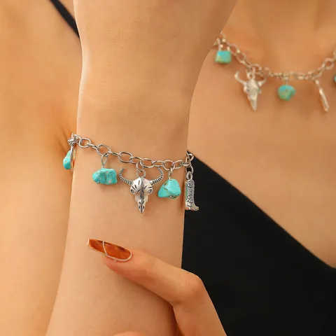 Ensemble de Bijoux Rétro Western Cowboy Alliage Turquoise Tête de Taureau Chapeau Botte Pendentif Collier Bracelet Boucles d'Oreilles