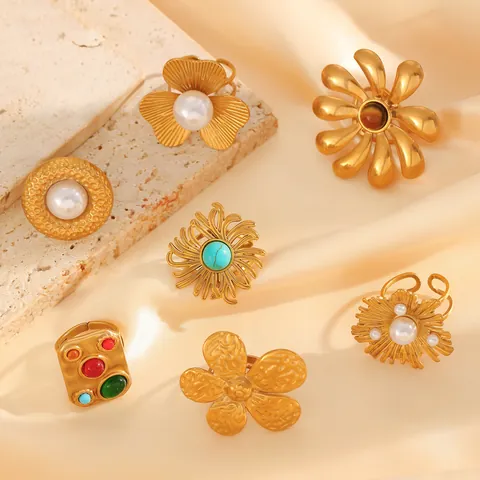 18K Gold Plated Stainless Steel Rings Vintage Bohemia Floral Starfish Shell Artificial Pearl Turquoise Open Adjustable Ring For Women