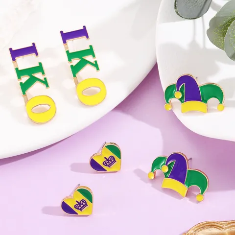 Mardi Gras Carnival Earrings Alloy Enamel Jester Hat Crown Heart IKO Letter Stud Earrings For Women Party Jewelry Gift
