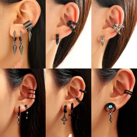 Punk Alloy Earring And Ear Cuff Accessory For Men Women Gothic Spike Cross Moon Rhinestone Jewelry Black Silver Combination