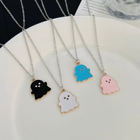 Halloween Cartoon Cute Ghost Pendant Necklace Earrings Set Copper Alloy Enamel Colorful Ghost Jewelry For Women Party Gift