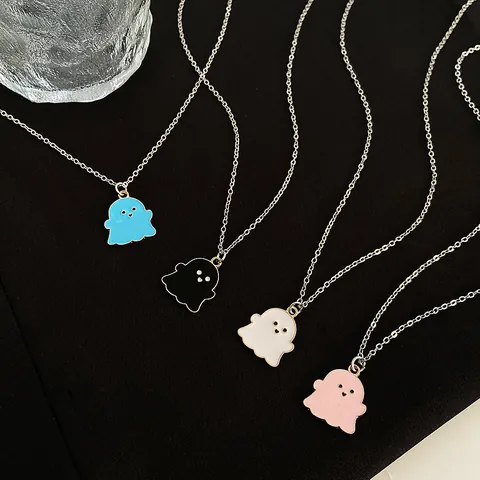 Halloween Cartoon Cute Ghost Pendant Necklace Earrings Set Copper Alloy Enamel Colorful Ghost Jewelry For Women Party Gift