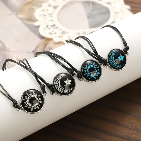 Leuchtendes Sonne Mond Geflochtenes Seil Paar Armband Set Einstellbar Legierung Zeitstein Hand Schmuck Für Liebhaber Geschenk