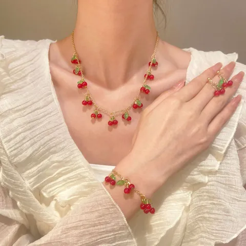Dulce Fresa Cereza Collar Pendientes Pulsera Aleación Acrílico Fruta Colgante Refrescante Estilo Pastoral Joyería de Moda Mujer