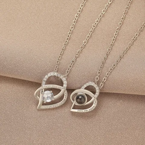Copper Heart Projection Necklace With I Love You To The Moon And Back Engraving Alloy Zirconia Pendant Clavicle Chain Jewelry