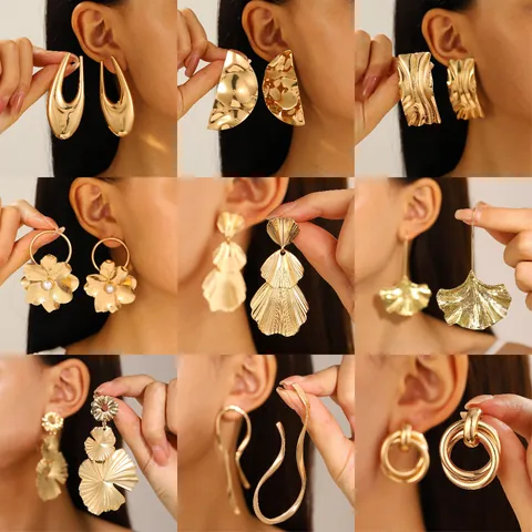 Pendientes de Gota de Aleación Vintage Con Poste de Oro de 14 Quilates Joyas de Metal Geométricas Oversize Para Mujer