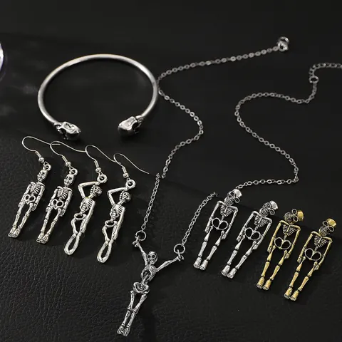Gotische Schedel Skelet Oorbellen Ketting Armband Ring Legering Met Roestvrijstalen Oorsteker Halloween Punk Sieraden