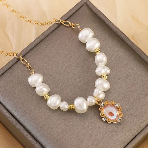 Collar con Colgante de Perlas Artificiales de Imitación Vintage Francés para Mujer Elegante Aleación Bañada en Oro Plata con Strass