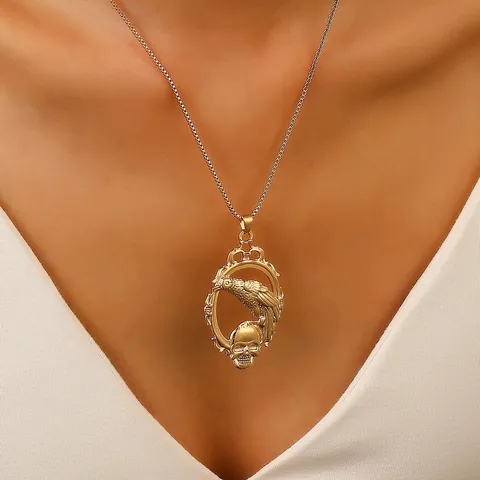 Gothic Crow Skull Pendant Necklace Gold Plated Alloy Baroque Frame Raven Punk Hip Hop Halloween Jewelry For Men Women