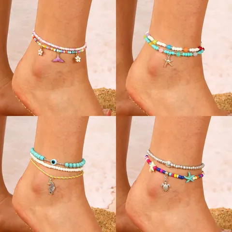 Tobilleras Bohemias de Cuentas Coloridas Con Colgantes de Estrella de Mar Tortuga Caballito de Mar Joyería Elástica de Pies
