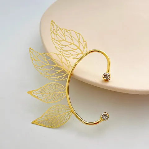 Orecchino A Clip Foglia Traforata Vintage Rame Strass Ala Di Fata Ear Cuff Senza Buco Gioielli Da Donna