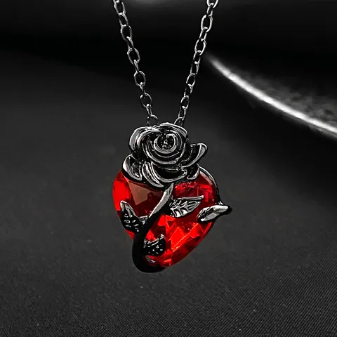 Gothic Rose Heart Pendant Necklace Alloy Red Rhinestone Jewelry For Women Valentine Gift Dark Style Accessory