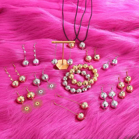 Retro Disco Ball Alloy Jewelry Set For Women Faceted Sphere Pendant Necklace Earrings Bracelet Party Fashion Accessories