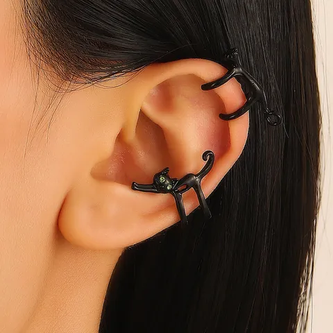 Alloy Cat Ear Cuff Earrings With Green Rhinestone Eyes Non Pierced Cute Animal Wrap Earring Jewelry For Women Girls