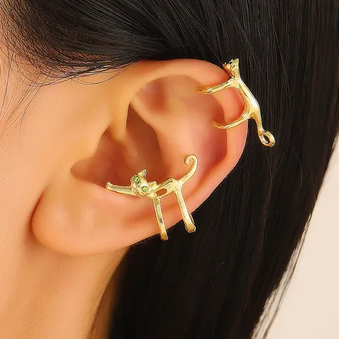 Cat Shape Ear Cuff Alloy Leopard Animal Clip On Earrings No Piercing Green Rhinestone Eyes Punk Hip Hop Jewelry For Women