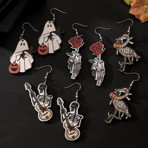 Halloween Gruselige Holz Acryl Ohrhänger Totenkopf Gitarre Rose Geist Kürbis Gothic Punk Statement Ohrringe Für Damen Party Schmuck
