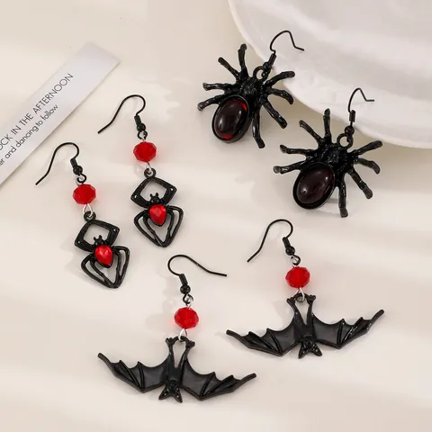 Halloween Gothic Spider Bat Dangle Earrings For Women Alloy Retro Black Red Rhinestone Insect Ear Jewelry Party Favor Gift