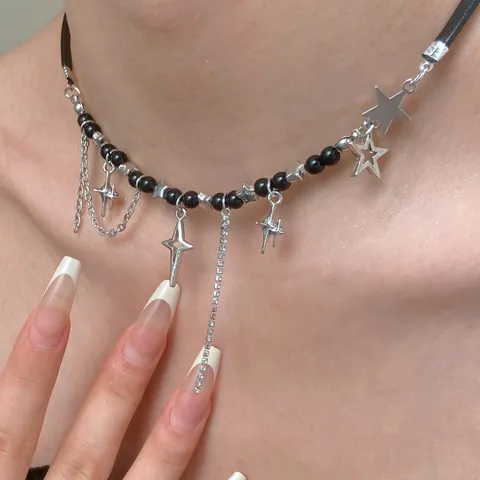 Y2K Aesthetic Star Tassel Choker Necklace For Women Punk Black Leather Cord Alloy Pentagram Cross Star Rhinestone Chain Jewelry