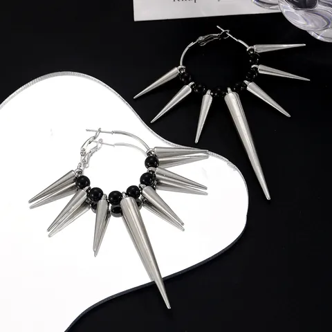 Punk Gothic Spike Hoop Earrings For Women Silver Metal Black Bead Dangle Earrings Personalized Rock Street Jewelry Necklace
