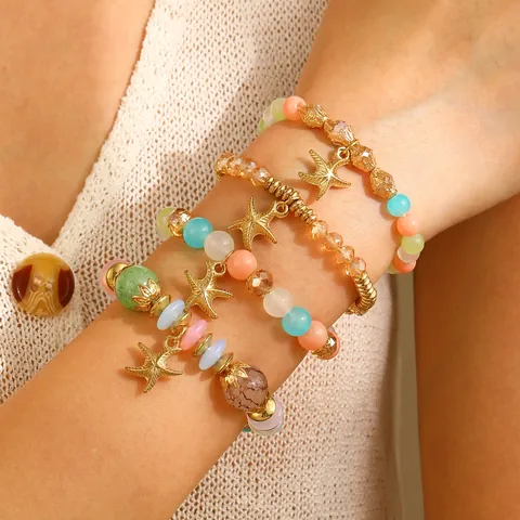 Bohemian Handmade Braided Bracelet Set For Women With Faux Artificial Pearl Shell Turtle Starfish Charm Summer Beach Ethnic Jewelry