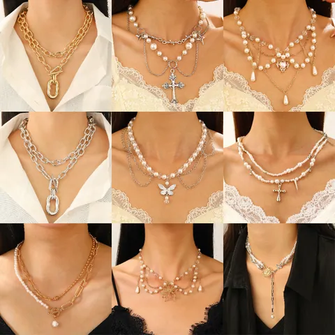 Vintage Mehrlagige Löwen Anhänger Künstliche Perlenkette Gold Silber Legierung Kupfer Halskette Für Damen Party Schmuck Geschenk
