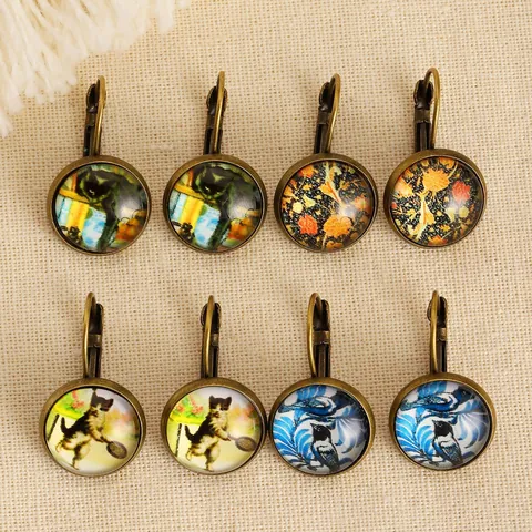Vintage Ethnic Animal Earrings For Women Retro Alloy Bronze Round Glass Cabochon Bird Cat Floral Leverback Drop Earrings Jewelry