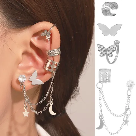Vintage Butterfly Ear Clip Collection For Women Alloy Rhinestone Star Moon Tassel Stud Earrings Multi Piece Jewelry