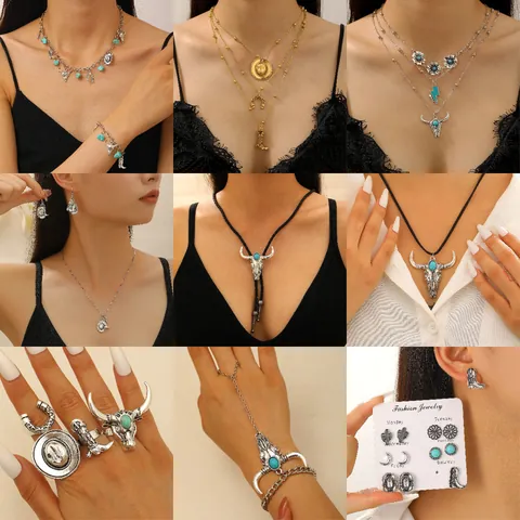 Δυτικό Cowboy Βίντατζ Πολυστρωματικό Κολιέ Choker Βραχιόλι Σετ Κοσμημάτων για Γυναίκες Κράμα Τυρκουάζ Κάκτος Κρανίο Ταύρου Μπότα Καπέλο Μενταγιόν Μποέμ Ρετρό Κοσμήματα