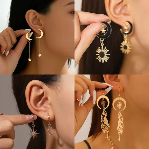 Pendientes Colgantes Asimétricos de Sol Luna Estrella para Mujer Pendientes de Aleación Celestial Vintage Con Poste de Acero Inoxidable