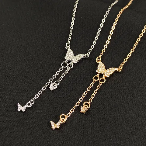 Vintage Butterfly Rhinestone Tassel Pendant Necklace For Women Zinc Alloy Gold Silver Plated Y-Shaped Sweater Chain Jewelry