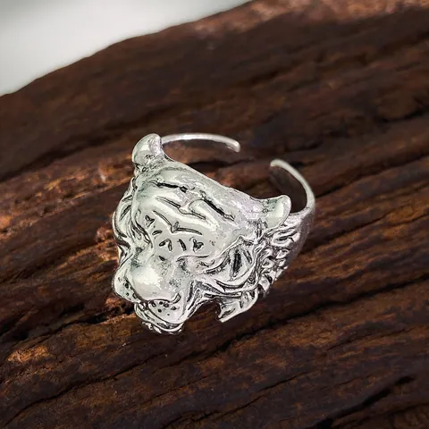 Vintage Copper Tiger Head Open Ring For Men Antique Silver Plated Animal Punk Biker Adjustable Personalized Jewelry Ring Gift